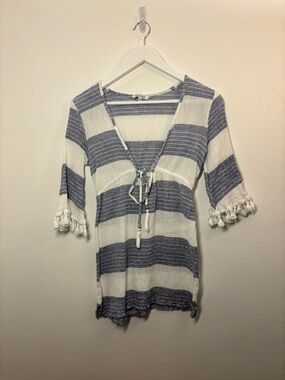 Blue Island White & Navy Striped Tunic Top Size XS